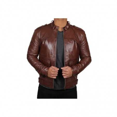 Men’s Motorcycle Leather Brown Padded Shoulder Jacket
