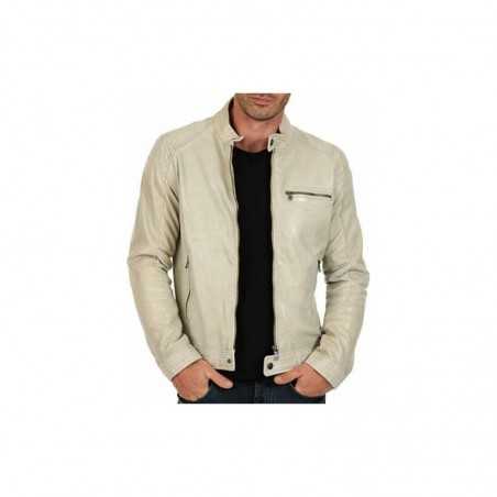Men's Genuine Lambskin High Quality Leather Beige Stylish Biker Jacket Coat