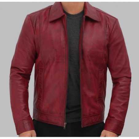 Reeves Mens Distressed Maroon Leather Jacket