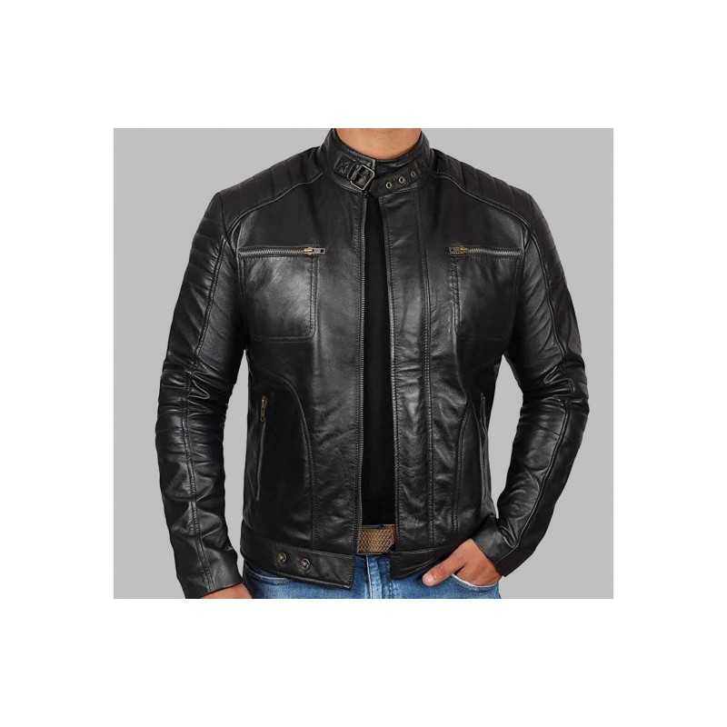 Oregon Black Leather Mens Cafe Racer Jacket
