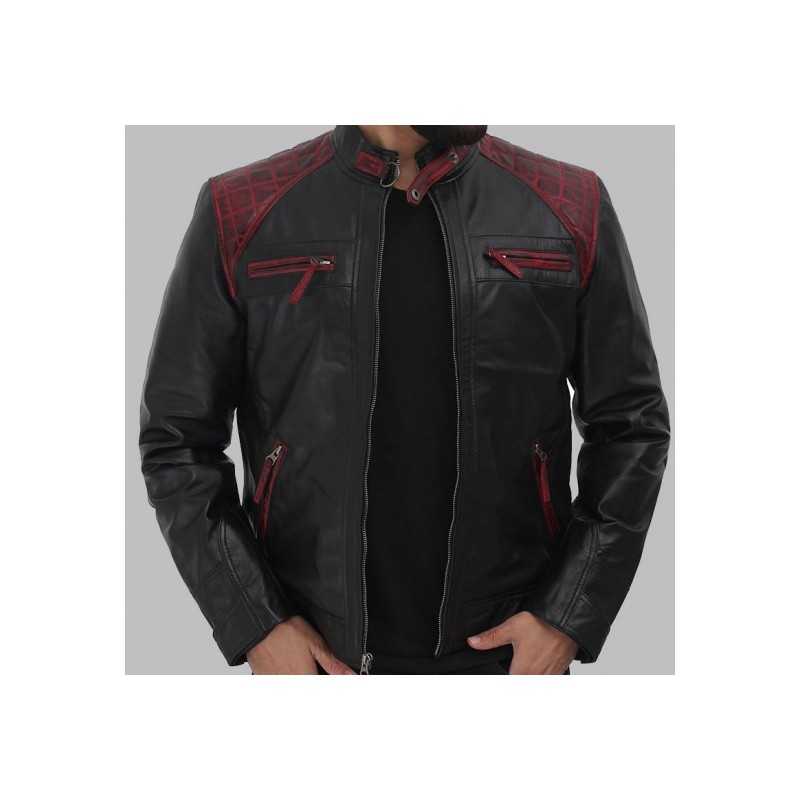 Rollins Mens Black and Maroon Cafe Leather Jacket