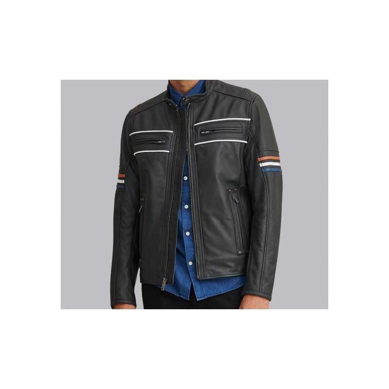 New Men's Tony Moto Multi Color Arm Stripe Leather Jacket