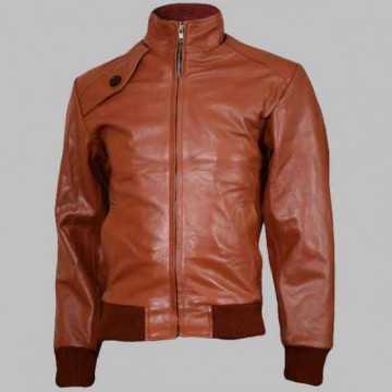 New Men's Tan Leather Bomber Jacket