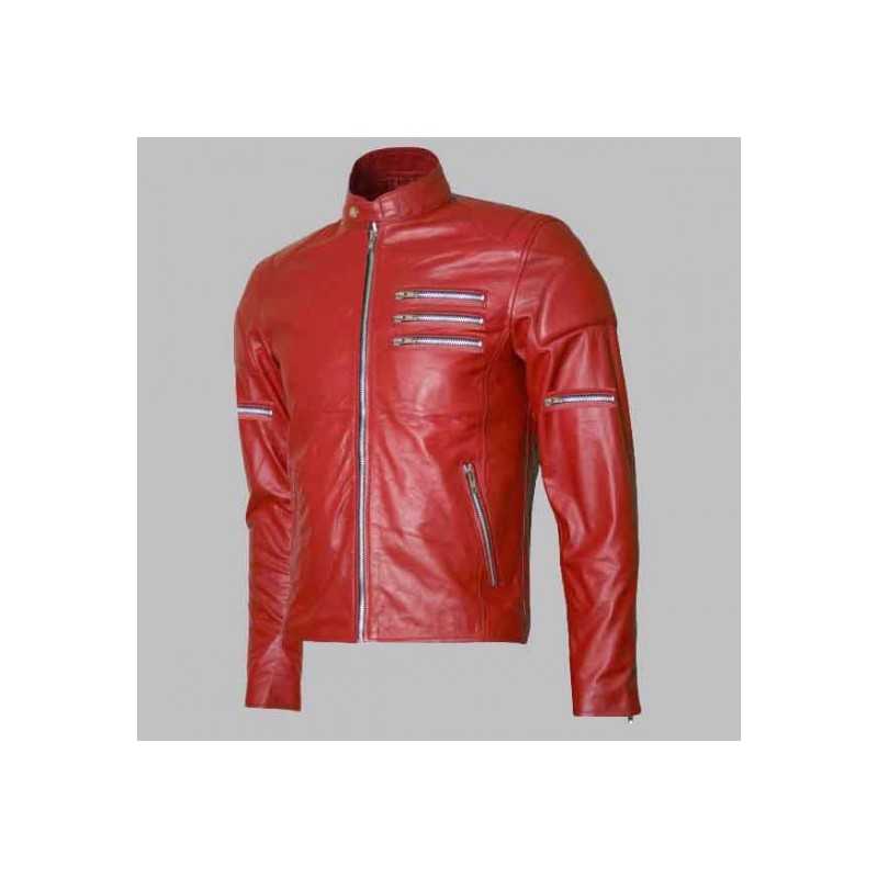 New Men's Silver Zipper Biker Red Leather Jacket