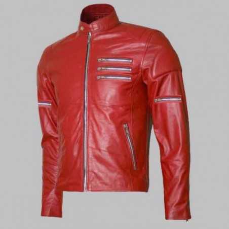 New Men's Silver Zipper Biker Red Leather Jacket