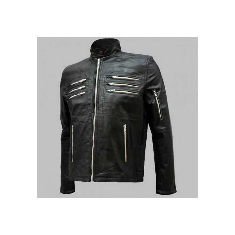 New Men's Black Leather Biker Jacket