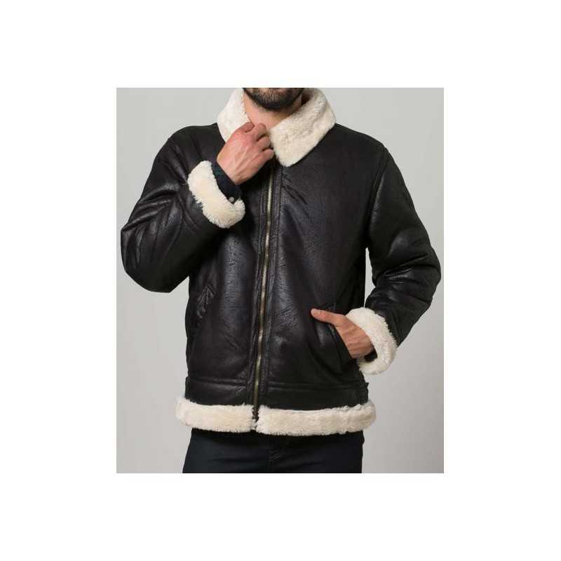 Mens Black Aviator Faux Shearling Leather Jacket