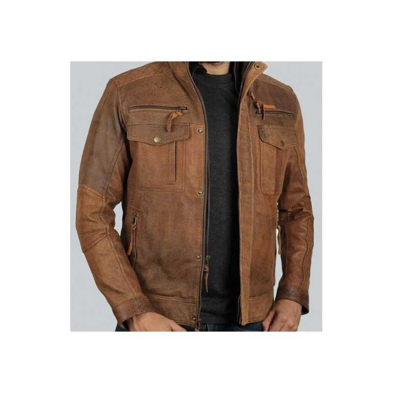 Light Brown Distressed Leather Motorcycle Jacket
