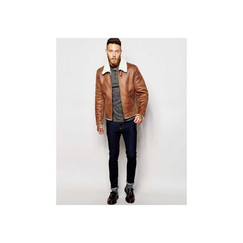 Men's Aviator Brown Leather Faux Shearling Jacket