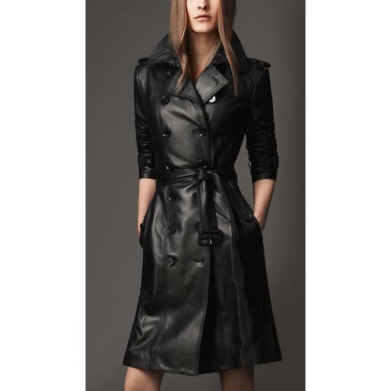 Women Leather Trench Coat Women Genuine Lambskin Winter Leather Coat