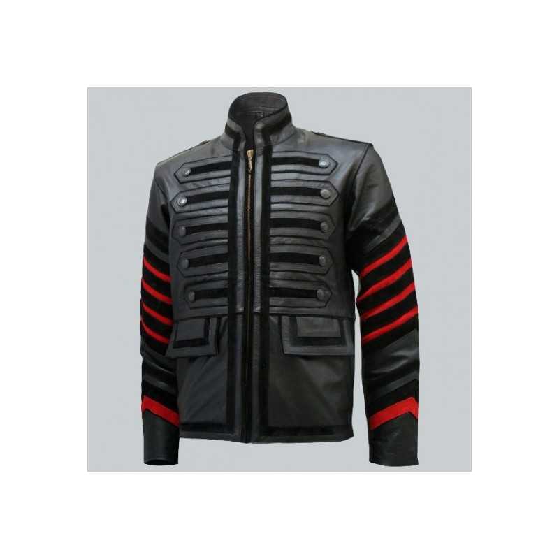 Men Black Military Leather Jacket