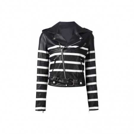 Women's Black And White Striped Leather Biker Jacket