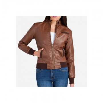 Women Coco Brown Leather Bomber Jacket