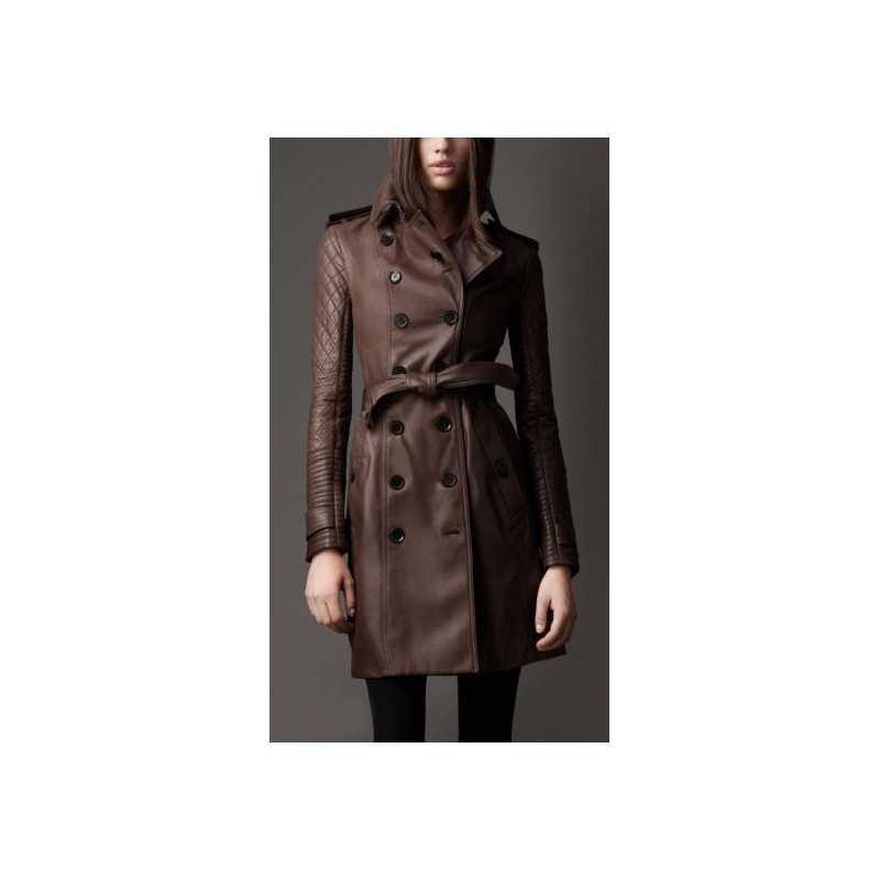 Women Chocolate Brown Sheepskin Leather Long Coat