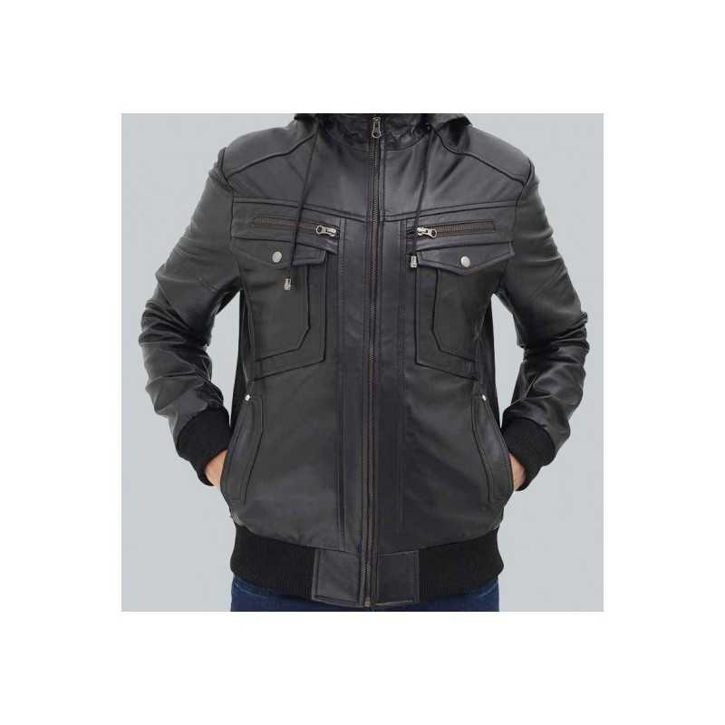Frank Men's Black Leather Hooded Bomber Jacket