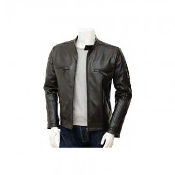 Men's Black Slimfit Stylish Classic Cafe Racer Tab Collar Leather Biker Jacket