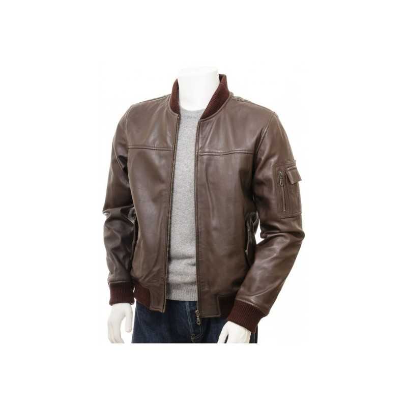Men's Black And Dark Brown Classic Elegant Leather Bomber Jacket