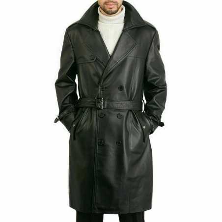 Men Black Coat Leather Trench Coat Lambskin Leather Jacket Long Trench
