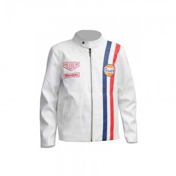Men's Steve McQueen Le Mans Gulf Racing White Leather Jacket