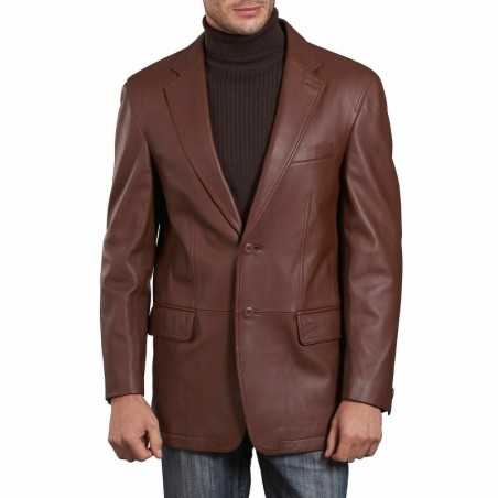 Men's Genuine Soft Lambskin Leather Blazer Jacket Brown Two Buttons Mens New Coat