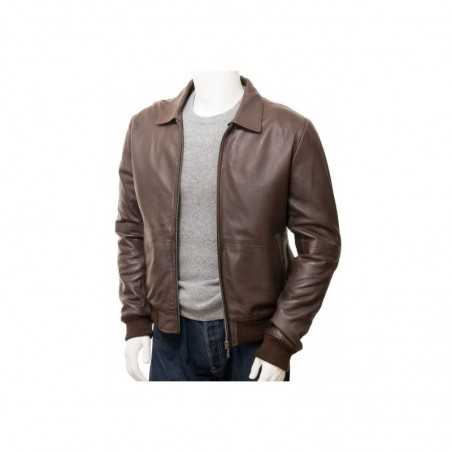 Men's Classic Shirt Collar Leather Bomber Jacket