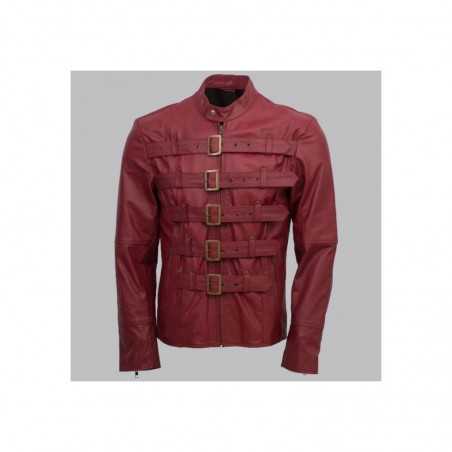 Men's Maroon Belted Fashion Leather Jacket