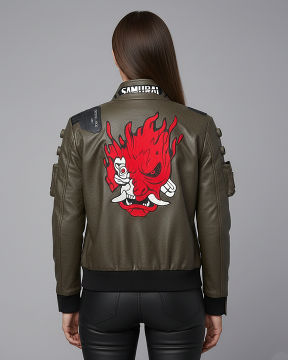 Cyberpunk 2077 Valerie Samurai Leather Bomber Jacket - Image 6