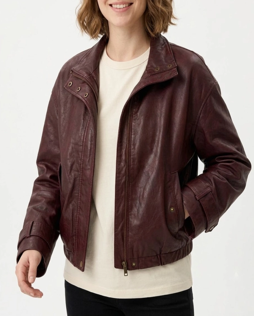 erika alexander maroon leather jacket