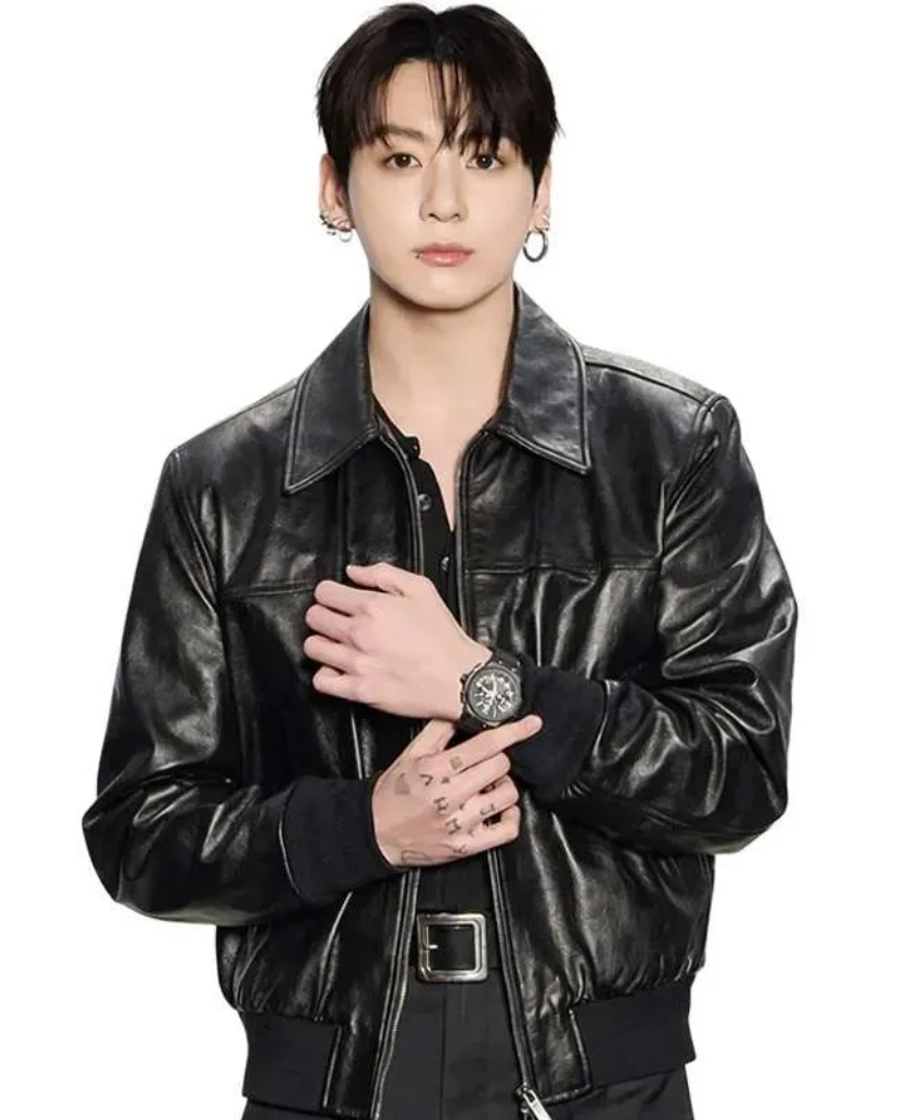 Jung Kook Watch Event Bomber Black Leather Jacket - Image 4
