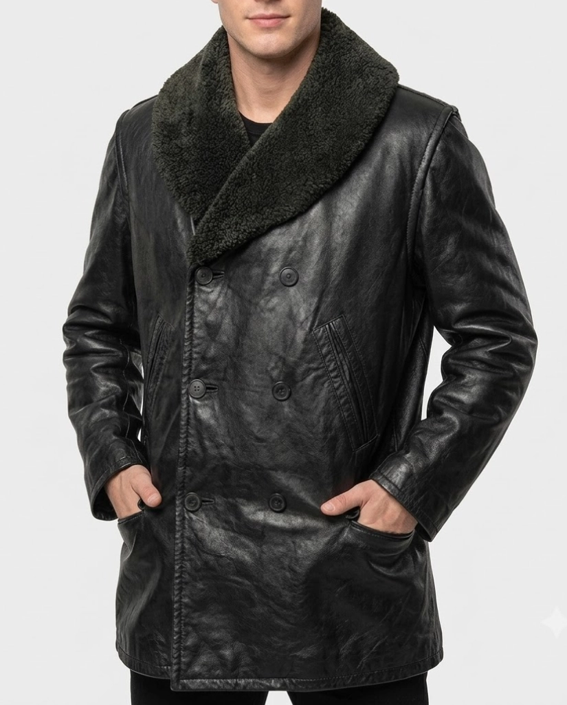 Alternative view of Fred Armisen Wednesday Shawl Collar Black Leather Coat